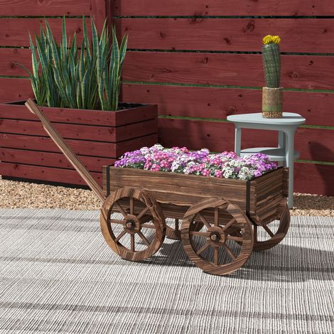Chariot à planter en bois carbonisé style rétro avec poignée et 4 roues, capacité 34 L, bac mobile avec drainage, charge 30 kg pour jardin et terrasse