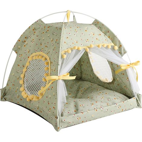 Tente pour chat, rideau de gaze ventilé pliable semi-fermé, nid d'été portable pour chien 35x35x32cm / 13.8x13.8x12.6in, convient aux animaux jusqu'à 1.5kg/3.3lb Fruits fleurs vertes (1/5)
