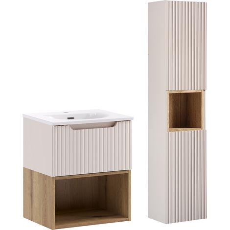 Mueble bajo lavabo de 50 cm con lavabo encastrado y mueble alto Riva Cashmere y Wood