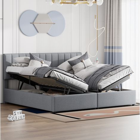 Lit rembourré 180x200 cm avec coffre hydraulique, convertible en 2 lits 90 cm, tête de lit réglable, gris - CHICFURN (1/5)
