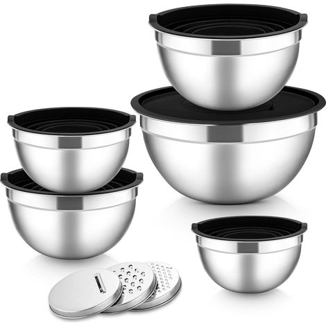 Lot de 5 bols mélangeurs en acier inoxydable noir avec couvercles hermétiques - Saladier en métal avec 3 râpes pour préparer, pâtisserie, servir, stocker, mélanger - Passe au lave-vaisselle (1/5)