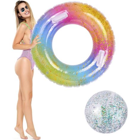 Bouée de Natation Gonflable à Paillettes pour Adulte - avec poignée - Grande bouée d'été et Ballon d'eau - Durable - pour Piscine, Plage, fêtes - 90 cm + 40 cm (1/5)