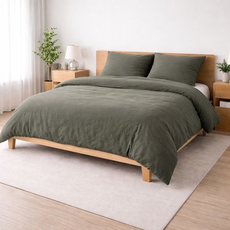 Parure de lit 240 x 220 cm Sienna Kaki + 2 taies 63x63 cm – Double face gaze de coton & coton 57 fils