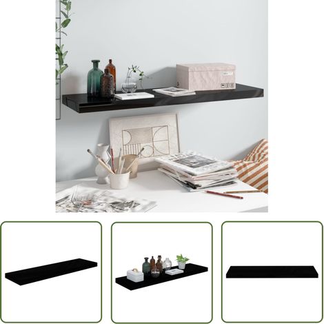 The Living Store Schweberegal Hochglanz-Schwarz 90x23,5x3,8 cm MDF - Schweberegal - Wandregal - Schwarz - Regal - Wohnwand (1/5)