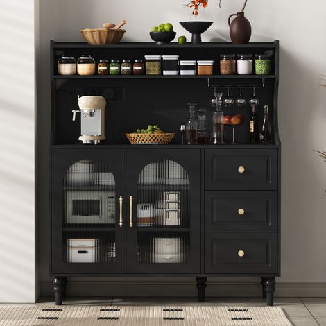 Armoire haute prises tiroirs meuble bar porte-verres vin rangement étagères réglables noir