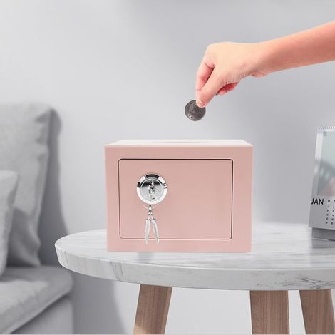 Mini Coin-Operated Safe Box with Mechanical Key Lock, Security Safe with Drop Slot 1.01 Gallon Capacity for Home & Office - Wall Mountable(96.76.7in) (Pink) (1/5)