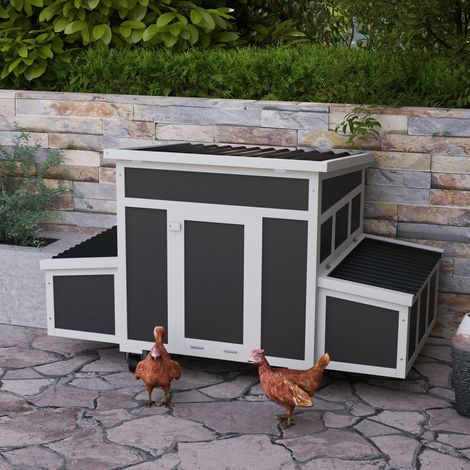 Gallinero de madera para 1-6 gallinas con 2 ponederos, techo abatible y bandeja extraíble, gris oscuro.