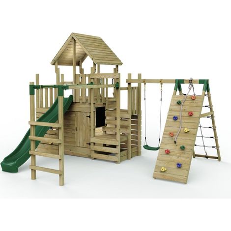 Wooden Climbing Frame with Swing, Den, Climbing Wall, Monkey Bars and Slide (1/5)