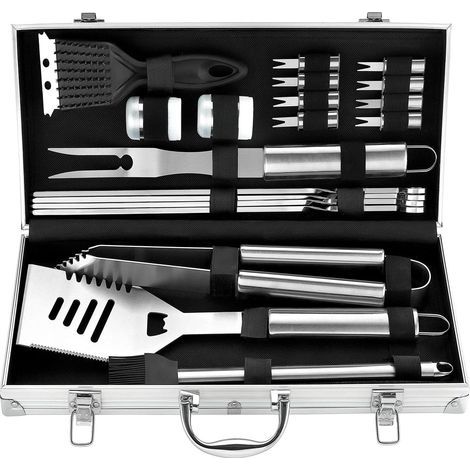 Kit barbecue 20 pièces - ustensiles de barbecue en acier inoxydable dans un boîtier en aluminium - kit d'outils de barbecue