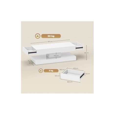 Table basse moderne blanche avec LED, 2 tiroirs et rangement ouvert, panneau de particules, 120x50x42 cm (1/5)