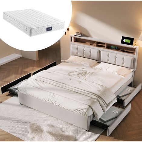 MEUBLIV Lit double rembourre 140 x 200 cm avec matelas 4 tiroirs station de charge USB Type C tete de lit reglable beige en lin sommier a lattes en bois et metal (1/5)