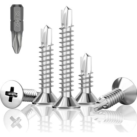 Lot de 200 Vis Autoperceuses - M4,2 x 25 mm - Autotaraudeuses en Acier Inoxydable - Tête Fraisée - Cruciformes - Vis à Métal avec Foret (1/5)
