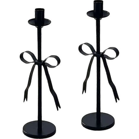 Ensemble de 2 bougeoirs noirs lestés avec nœud pour bougies coniques - Décoration intérieure pour cheminée, mariage ou fête (1/5)
