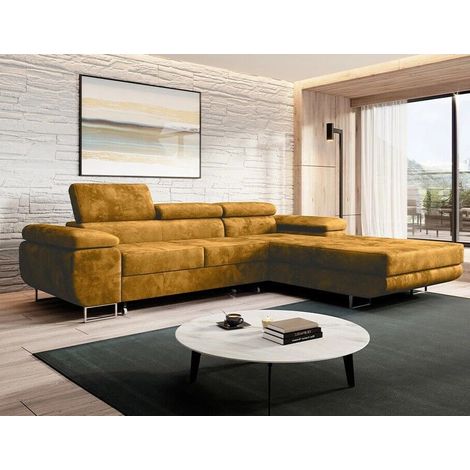 Alvaro Velvet Left Hand Facing Corner Sofa Bed with Storage and Lift Mechanism - Mustard (1/4)