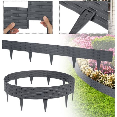 Rasenkanten Kunststoff Beeteinfassung 10m Beetumrandung Gartenpalisade Mähkante 10 stücke Rattan-Optik Randsteine Palisaden, Anthrazit, HENGMEI