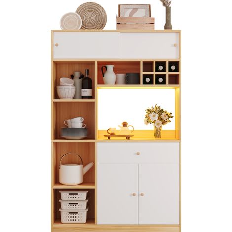 Buffet de cuisine LED réglable avec 1 tiroir, 3 portes et étagères ouvertes, grand meuble de rangement pour micro-ondes, blanc et bois clair - CHICFURN (1/5)