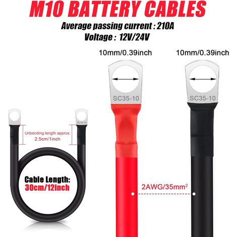 JatilEr 2 Cables De BateríA De 12 V M10, Cables De BateríA De 30 cm, Cable De BateríA De Coche De 25 mm, Cobre Puro, Cables De BateríA De 12 V Resistentes, Para Motocicleta, BateríA Solar De Coche
