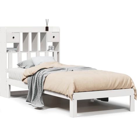 Lit simple  Lit adulte  Lit bibliothèque sans matelas blanc 75x190cm bois de pin massif