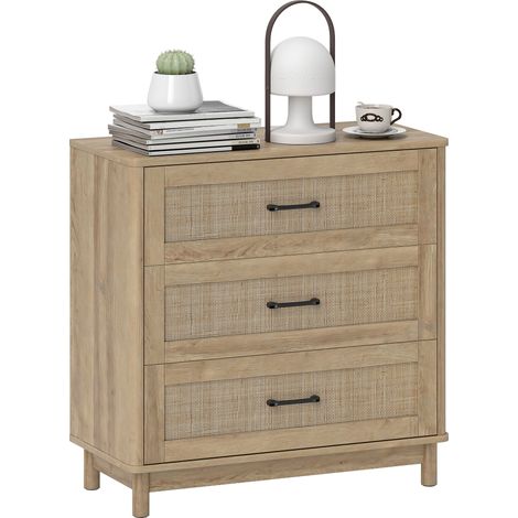 Commode 3 Tiroirs en Rotin. Meuble de Rangement. Chiffonnier. Pieds en Bois Massif. Style Bohème. 76x35x76cm. Chêne (1/5)