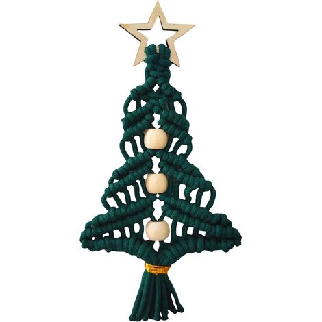 Ornement De Sapin De Noël En Macramé - Cordon Coton Vert - Perles En Bois Naturel - Étoile En Bois - Décoration Festive Intérieure - 1 Pièce (1/4)