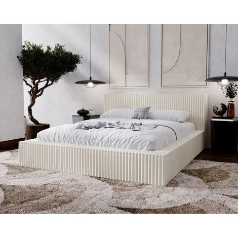 Emporius – Lit double 200x200 avec sommier à lattes – Cadre rembourré beige – Largeur 164 cm – Hauteur 90 cm – Design moderne (1/5)