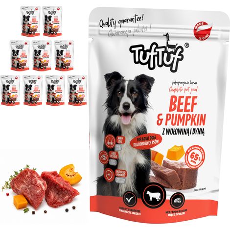 Cibo umido per cani TufTuf, gusto manzo e zucca, in bustine da 10x300g. Carne in scatola. (1/5)