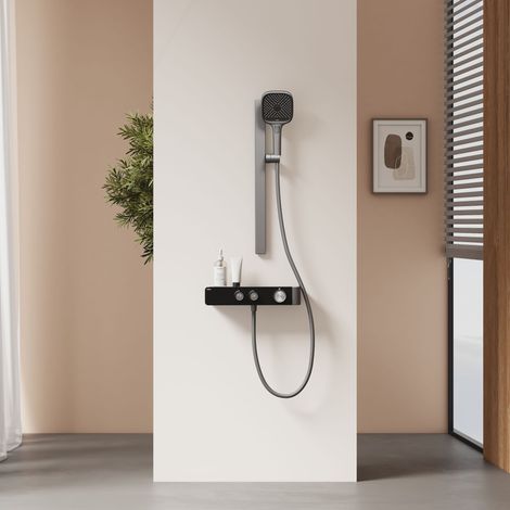 EMKE Thermostat Duschset mit Separater Stange Ablage Sicherheitssperre Stufenlose Wasserregelung Flex-Montage Anthrazit