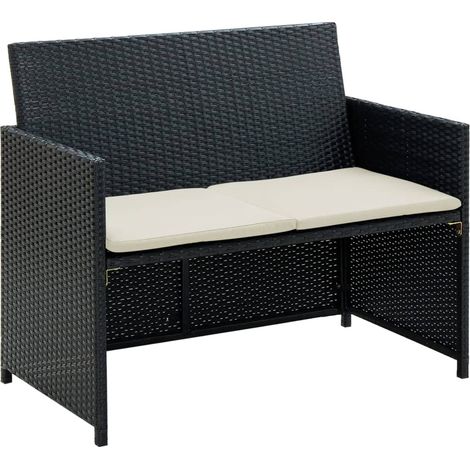 2-Sitzer-Gartensofa mit Polstern Schwarz Poly Rattan