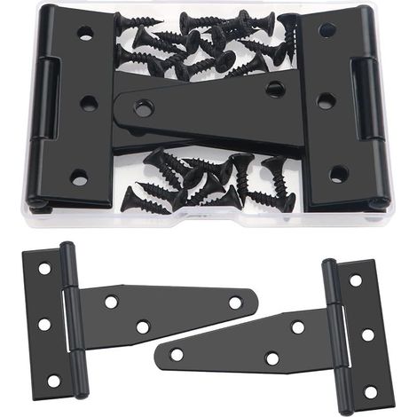 Charnières en T 7,6 cm, 4 pièces, métal, 24 vis, portails, abris de jardin, fenêtres, clôtures, salles de rangement, noir (1/5)
