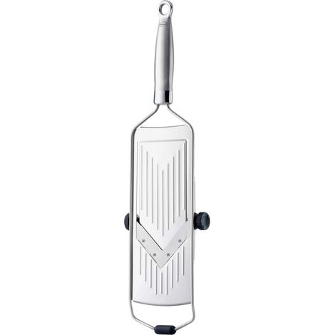 RÖSLE Mandolina con Lama a V, Utensile, per Verdure come Cetrioli o Pomodori, 5 Spessori di Taglio, Acciaio 18/10, con Base in Silicone, Incluso Supporto Salva Dita e Custodia Protettiva (1/3)