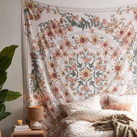 Murale Mandala Bohème Beige 150x170 cm, Mandala à Fleurs, Hippie Psychédélique Esthétique avec Couronne Blanche (1/4)