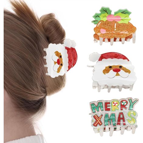 Ensemble de 3 pinces à cheveux de Noël, pinces à cheveux d'hiver pour femmes, motif cloche et lettres, accessoires de Noël pour cheveux, jolies pinces à cheveux, conviennent aux cheveux épais et fins.