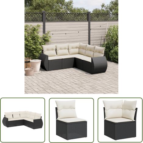 The Living Store Salon de jardin 5 pcs avec coussins noir résine tressée - Ensemble Salon De Jardin - Mobilier Extérieur - Canapé Jardin - Chaise Lounge - Table Basse (1/5)