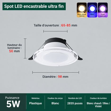 Spot LED encastrable 5W acrylique guide de lumière tricolore chaude bleu rose-violet réf 3449 165 g – Livraison gratuite