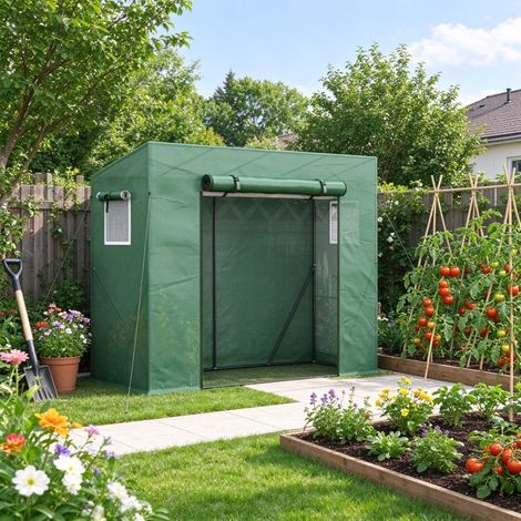 Montage Facile Serre de Jardin pour Plantes et Légumes Bâche PE 140g/m² Anti-UV Porte Enroulable 200x77x169 cm (1/5)