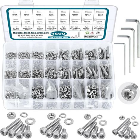 1600-Piece Metric Screw Assortment,  M2 M3 M4 M5 Metric Bolt Assortment,  304 Stainless Steel Metric Screws,  Hex Socket Head Cap Nut and Bolt Assortment Kit (1/5)
