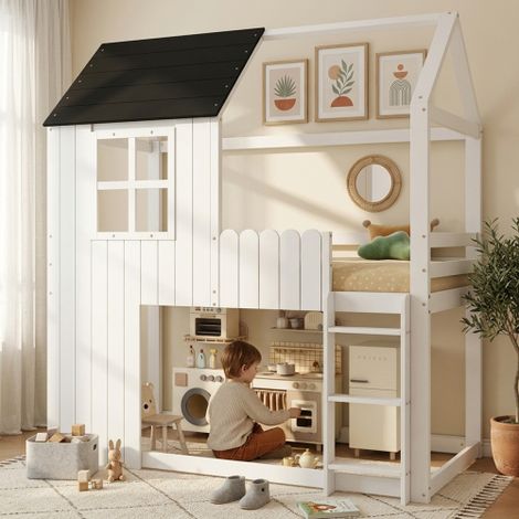 Letto a castello, letto per bambini, finestre raffinate, bellissime forme a casetta, scala a tre gradini, ringhiera su tutti i lati, pino + MDF, bianco + nero, 90x200 cm (1/5)