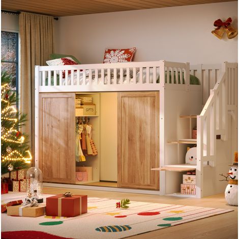 DESVIAE Lit enfant mezzanine 90 x 200 cm avec armoire et escalier de rangement bois massif blanc et chene (1/5)