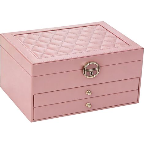 Boîte à bijoux grande capacité à 3 niveaux, multifonctionnelle, avec serrure, rose, pour ranger bagues, colliers et boucles d'oreilles. (1/5)
