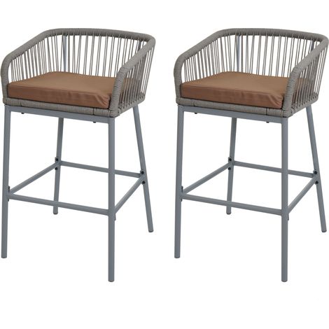 Juego de 2 taburetes de bar de cuerda HHG-994, taburete de mostrador, asiento de exterior de cuerda de metal, gris claro, cojín topo (1/5)