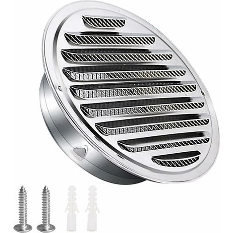 Grille de ventilation circulaire en acier inoxydable Ø100 mm pour système VMC double flux – étanche aux intempéries, avec lames orientables, moustiquaire intégrée et fixation par vis + chevilles