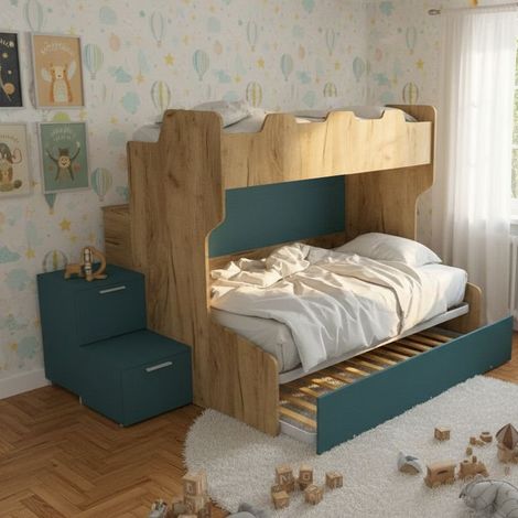 Letto a castello con gradini a cassetti e passerella - Una piazza e mezza e singola - Quercia e verde petrolio