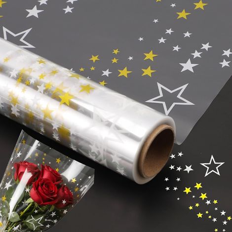 Papier Cadeau Rouleau Transparent Cellophane Emballage, Papier Cadeau Fleur Fleuriste Transparent Etoile Motif Imprimé Anniversaire Noel Professionnel Personnalisé 43CM x 10M (1/5)
