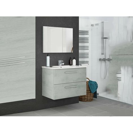 Dmora Unterschrank Inglewood, Abgehängter Badezimmerschrank, Kleiderschrank mit 2 Schubladen und Spiegel, cm 80x45h57, Beton (1/5)