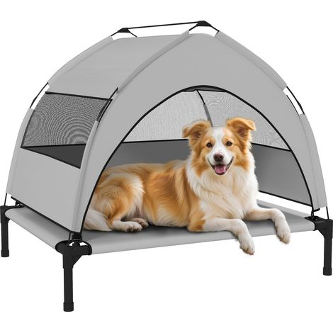 Beyamis Erhöhtes Hundebett für den Außenbereich mit Sonnendach, für mittelgroße Hunde, mit Stahlrahmen, 76 x 61 x 70 cm, Hellgrau