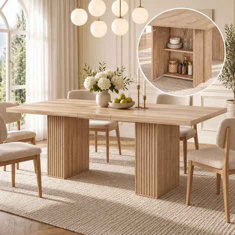 Table à Manger 150/190 x 90 cm plateau extensible 6 à 8 places rangement intégré plateau épaissi style scandinave finition chêne (1/5)