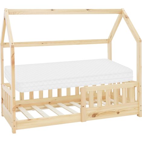 ML-Design Letto a Casetta per Bambini 70 x 140 cm Naturale, in Legno Massello, Struttura con Protezione Anticaduta, Lettino a Terra Montessori con Materasso Sfoderabile in Schiuma Fredda per Cameretta (1/5)