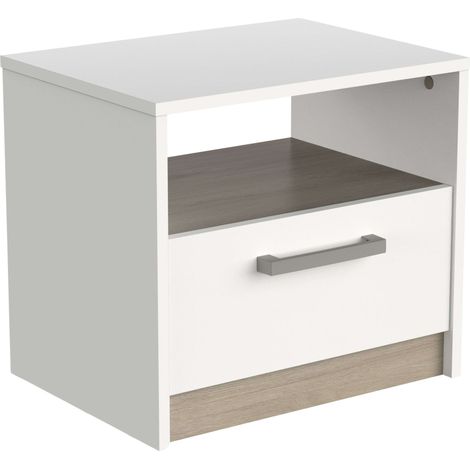 Mesita de Noche Watson Dormitorio Estilo Nórdico Color Blanco Mate y Roble Kronberg 41x35 cm