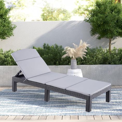 Lettino prendisole - Lettino Sdraio Solare - Poltrona lounge - Resina simil rattan intrecciato - Cuscino - Schienale regolabile - Grigio brillante