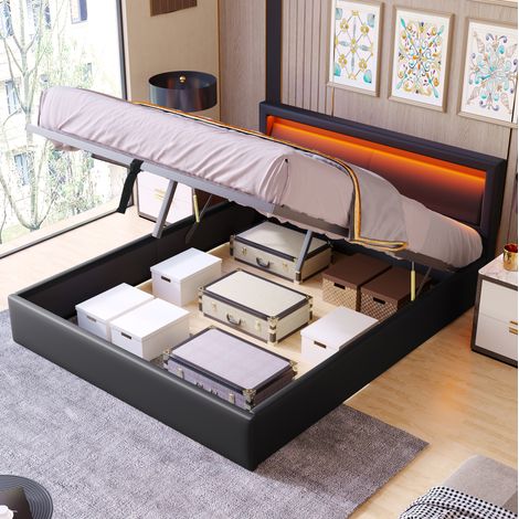 Letto matrimoniale contenitore LED 140x190 cm PU OKMYHOME (1/5)